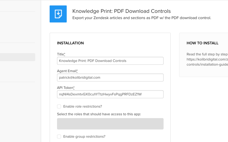Configure Zendesk API Token and Agent E-Mail