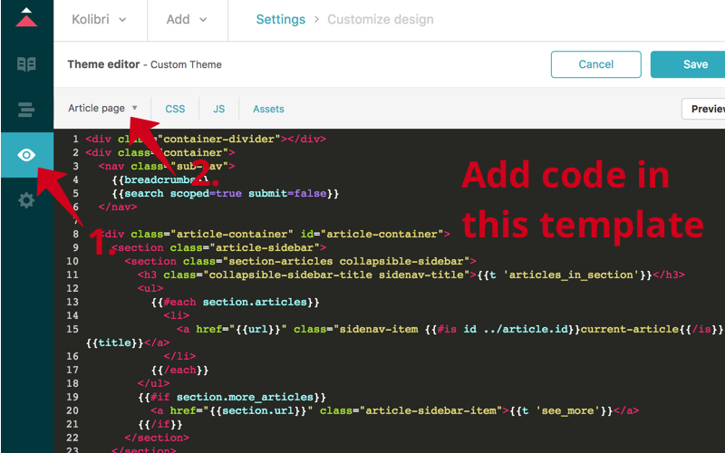Screenshot of embed code and page template